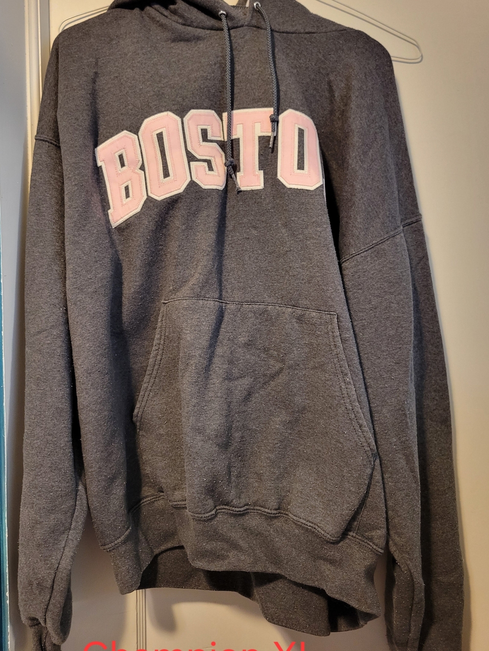 Boston Graphic Hoodie Sweatshirt - Charcoal with Pink Letters